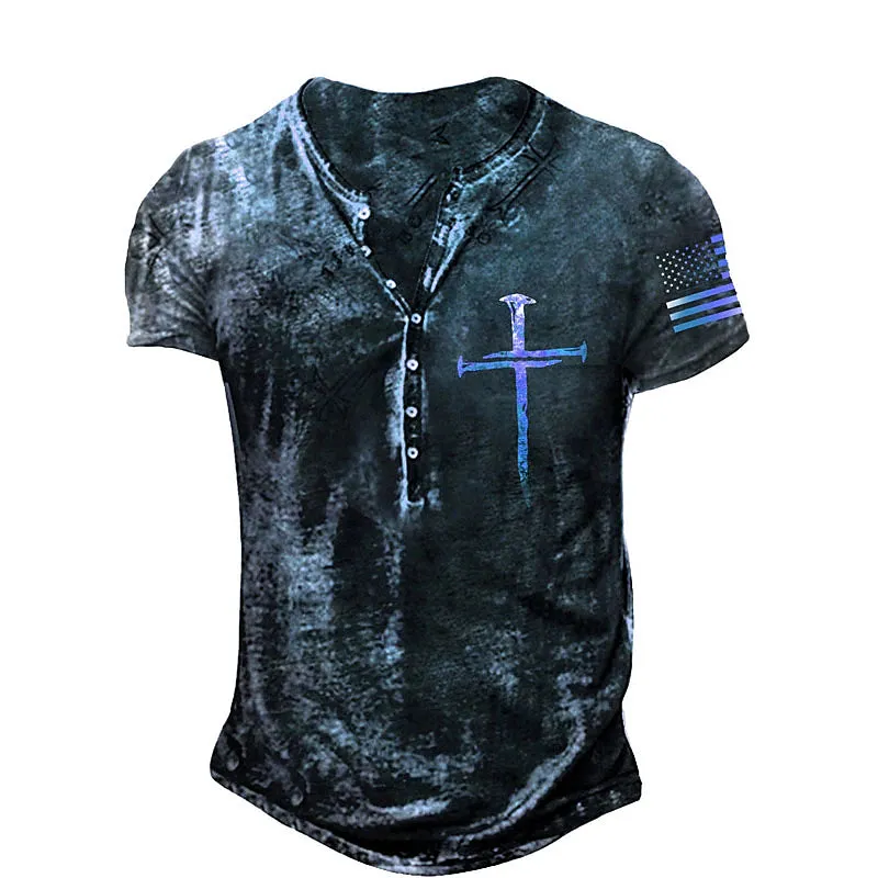 American Flag Graphic Men's Henley Tee in Multi Colors - Summer Style for Plus Size Men