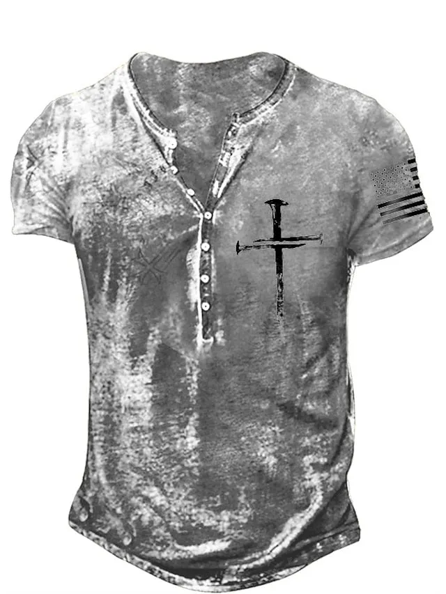 American Flag Graphic Men's Henley Tee in Multi Colors - Summer Style for Plus Size Men