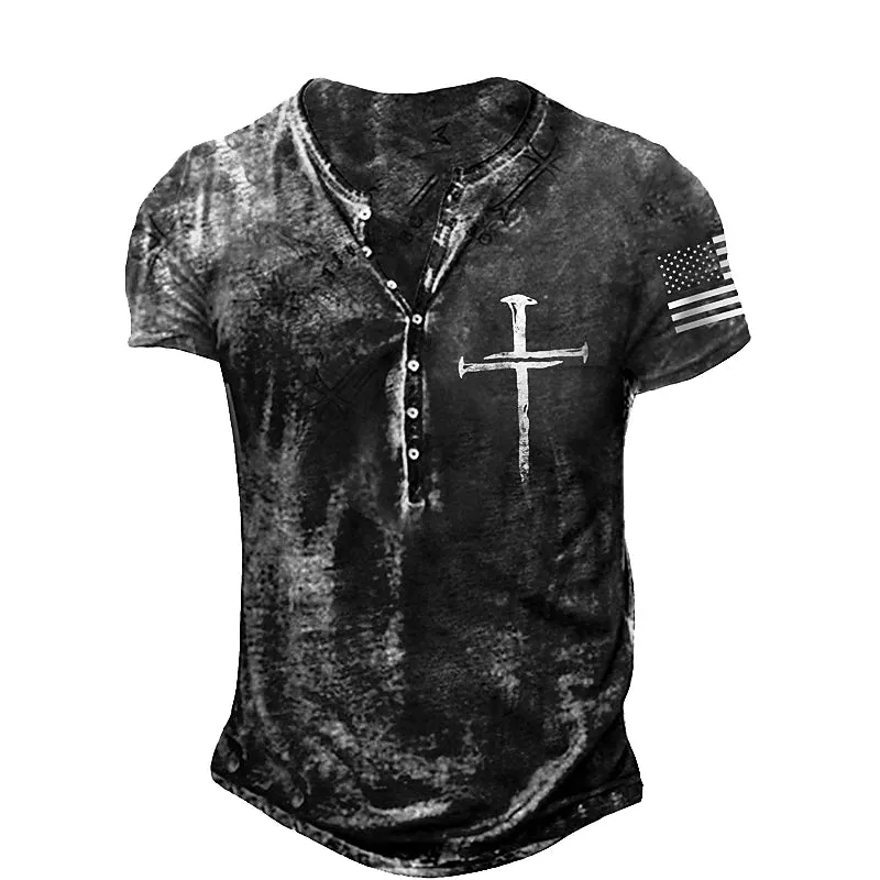 American Flag Graphic Men's Henley Tee in Multi Colors - Summer Style for Plus Size Men