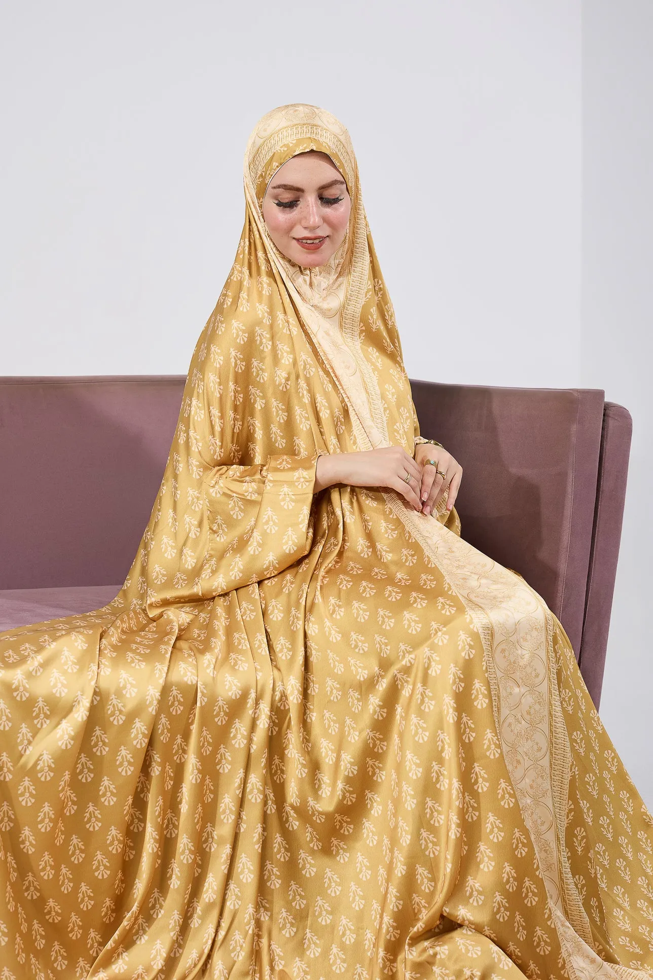 Bahija Luxurious Satin Prayer Gown in Golden Floral Print