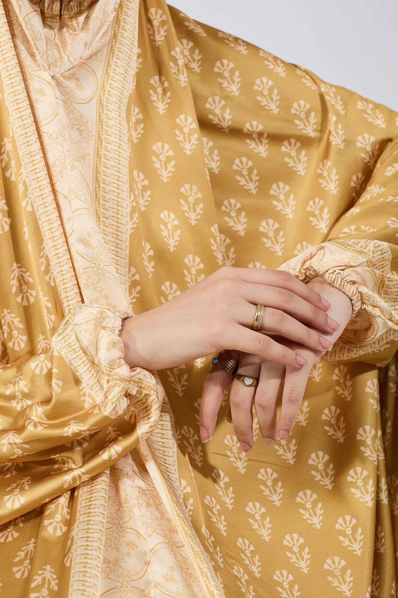 Bahija Luxurious Satin Prayer Gown in Golden Floral Print