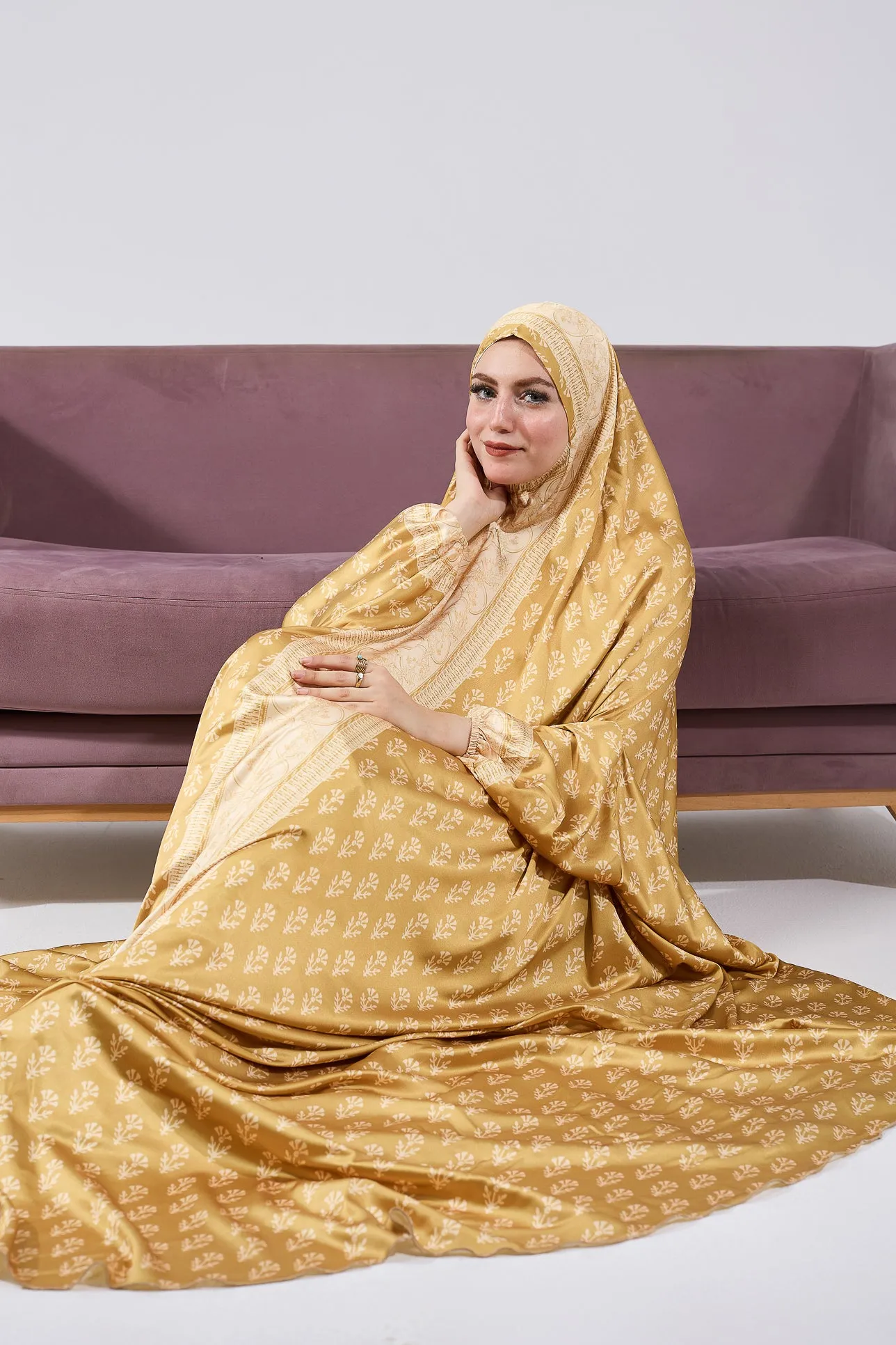 Bahija Luxurious Satin Prayer Gown in Golden Floral Print