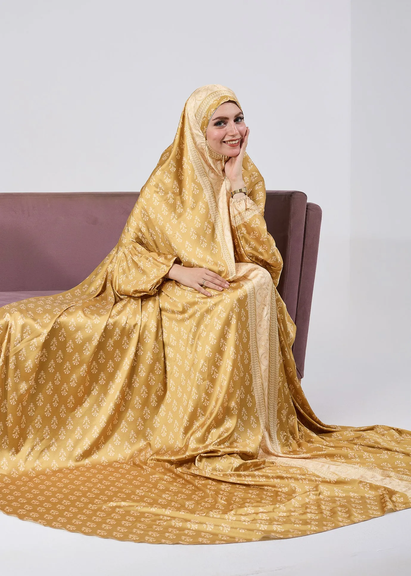 Bahija Luxurious Satin Prayer Gown in Golden Floral Print