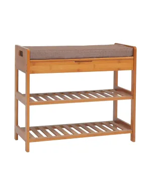 C&AHOME Large Size Bamboo Shoe Storage Bench 2 Tier Rack Entryway Bamboo Organizer Shelf with Cushion and Storage Drawer on Top