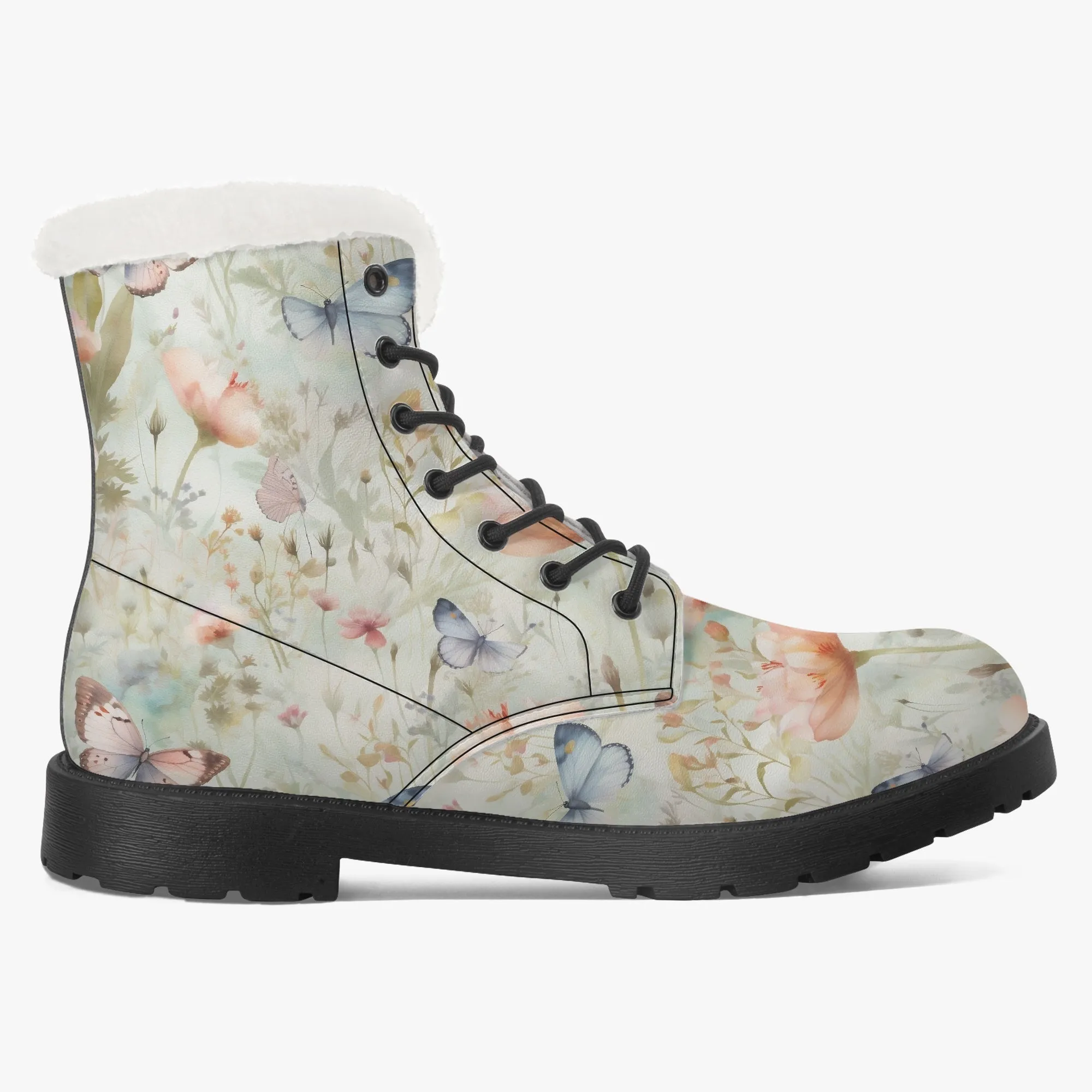 Faux Fur Leather Boots Butterfly Wildflowers