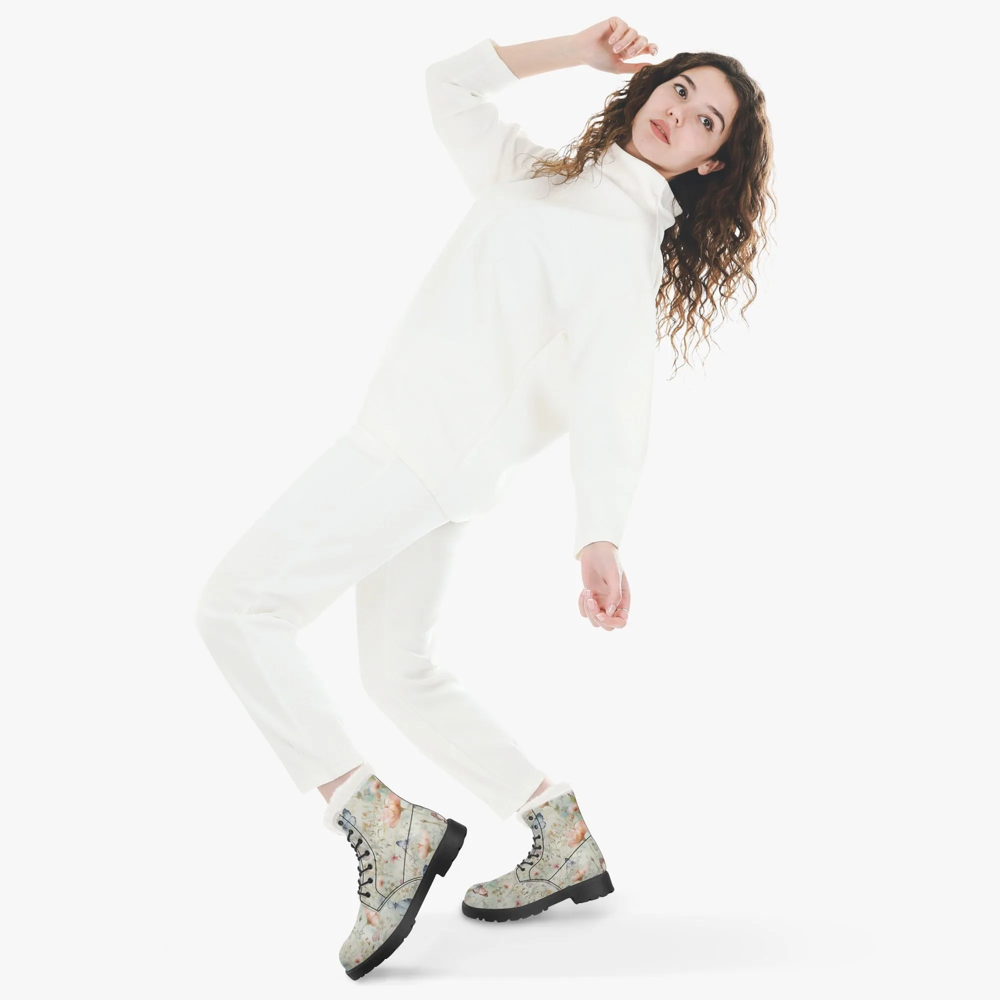 Faux Fur Leather Boots Butterfly Wildflowers