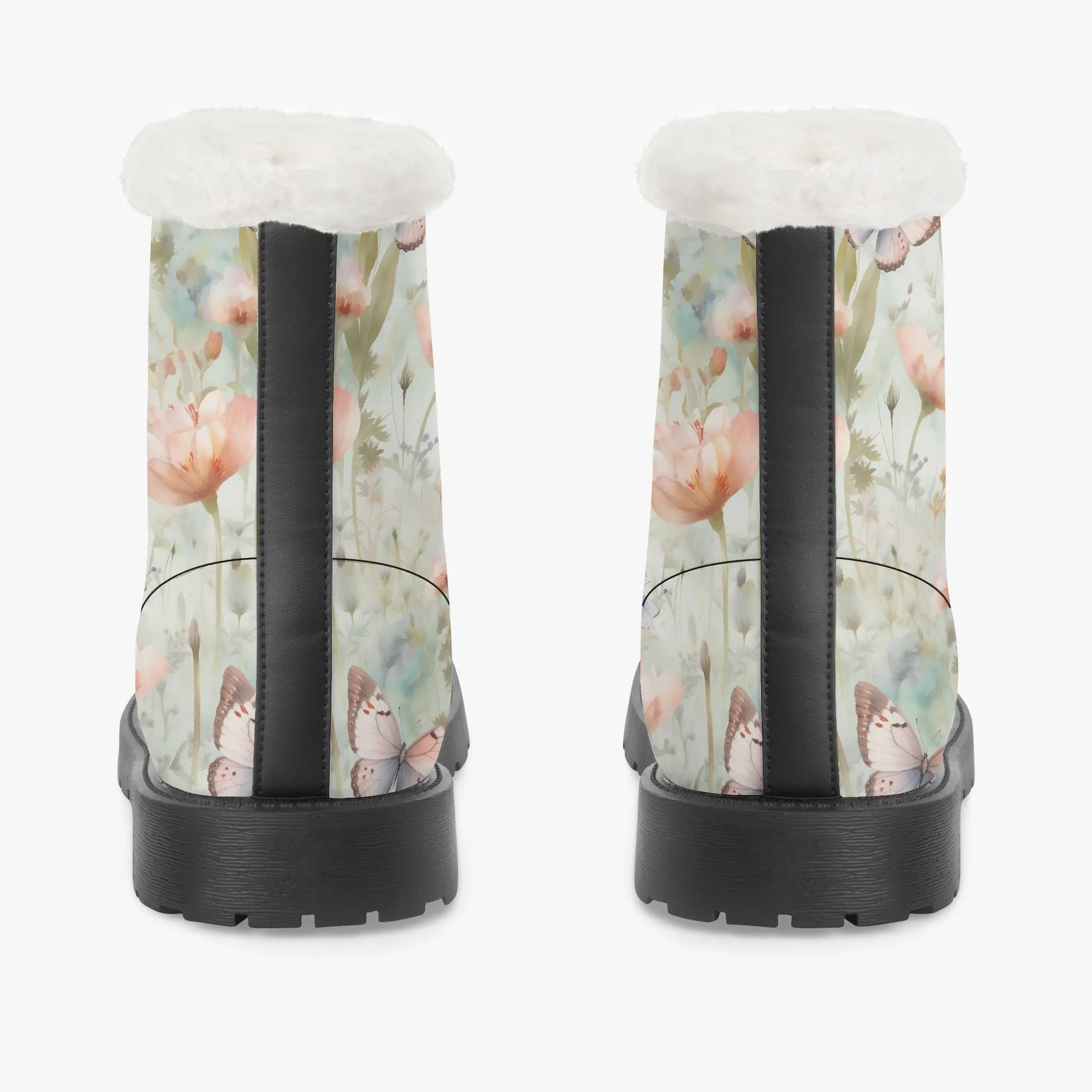 Faux Fur Leather Boots Butterfly Wildflowers