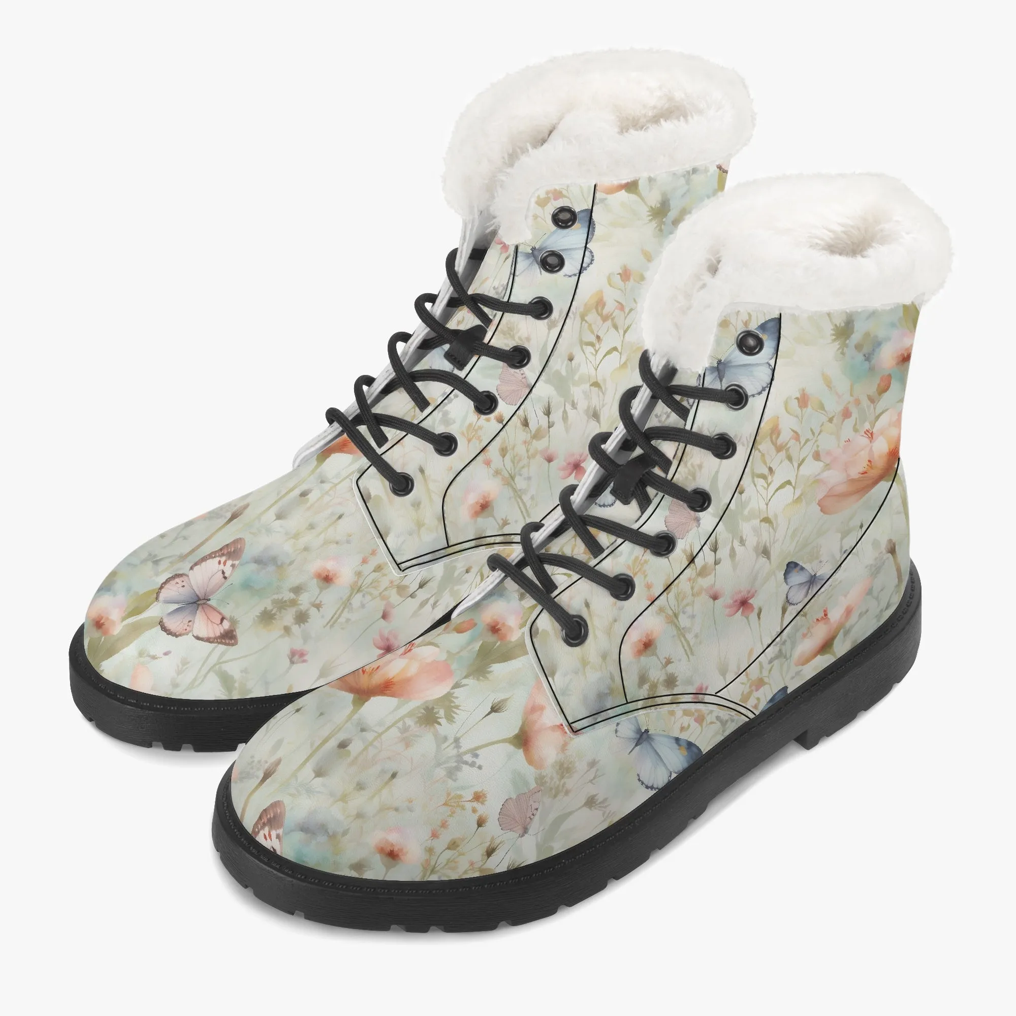 Faux Fur Leather Boots Butterfly Wildflowers