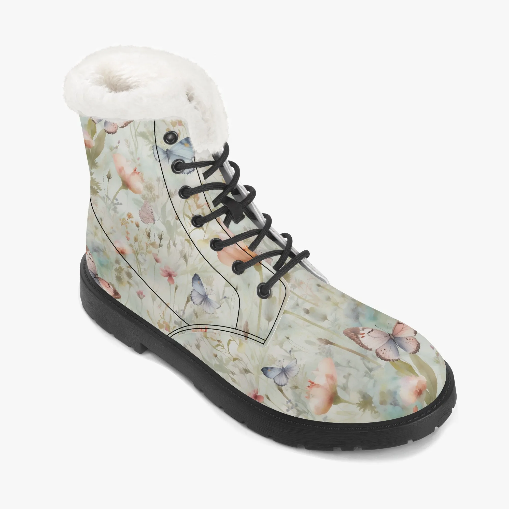 Faux Fur Leather Boots Butterfly Wildflowers