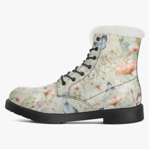 Faux Fur Leather Boots Butterfly Wildflowers