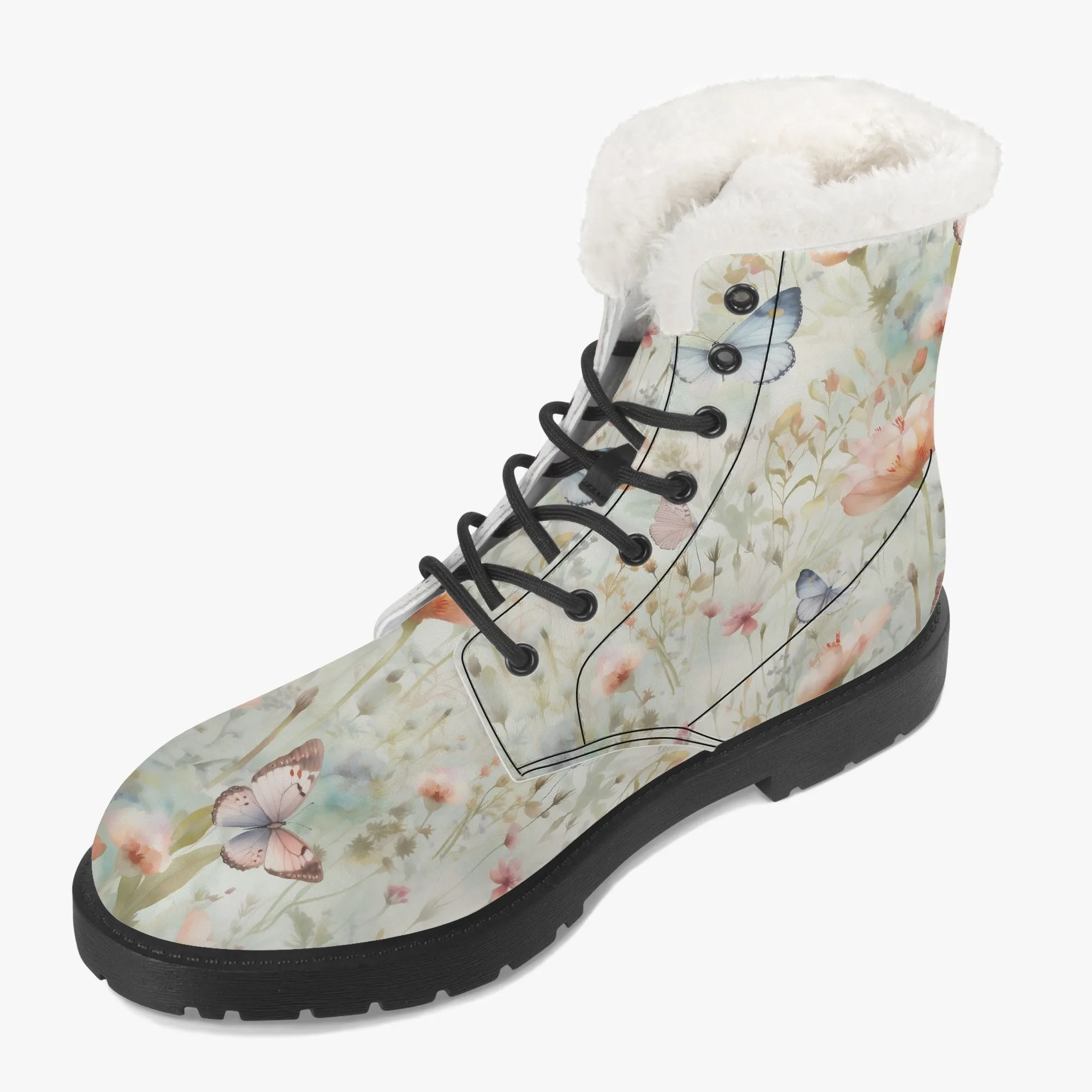Faux Fur Leather Boots Butterfly Wildflowers