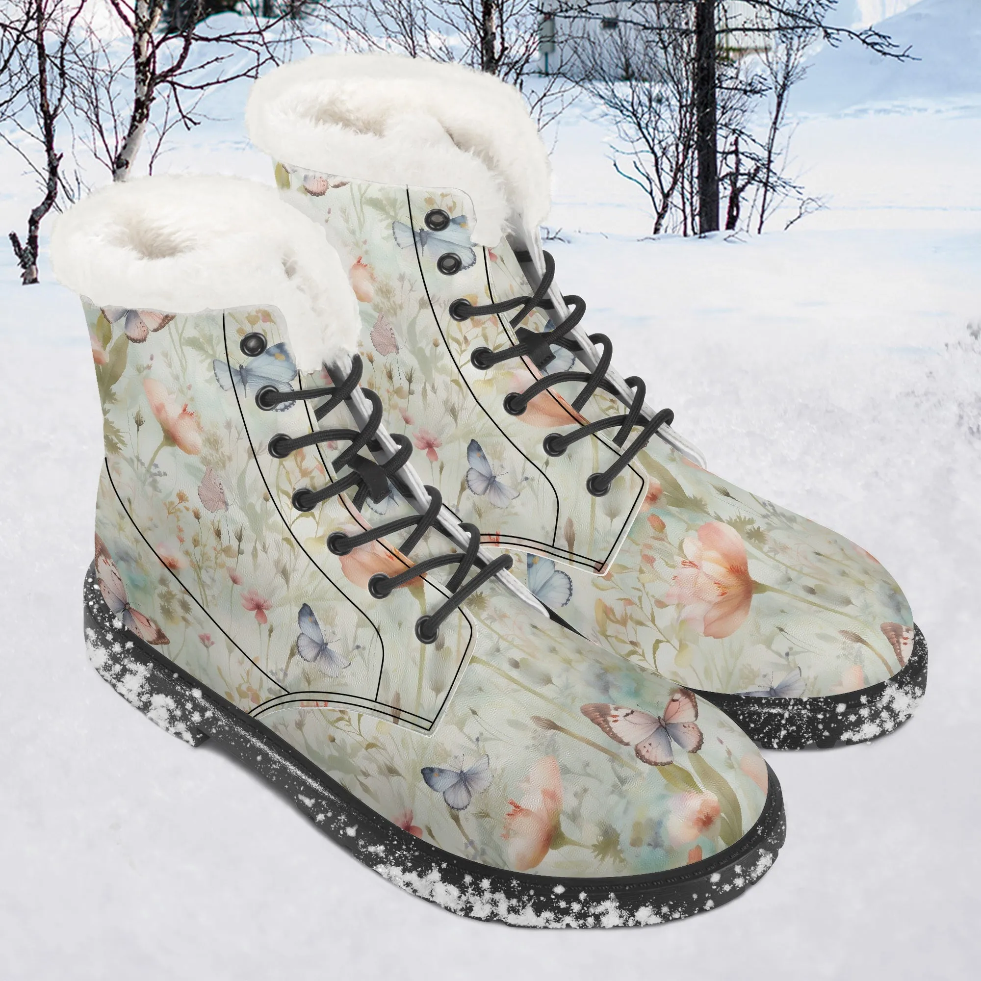Faux Fur Leather Boots Butterfly Wildflowers