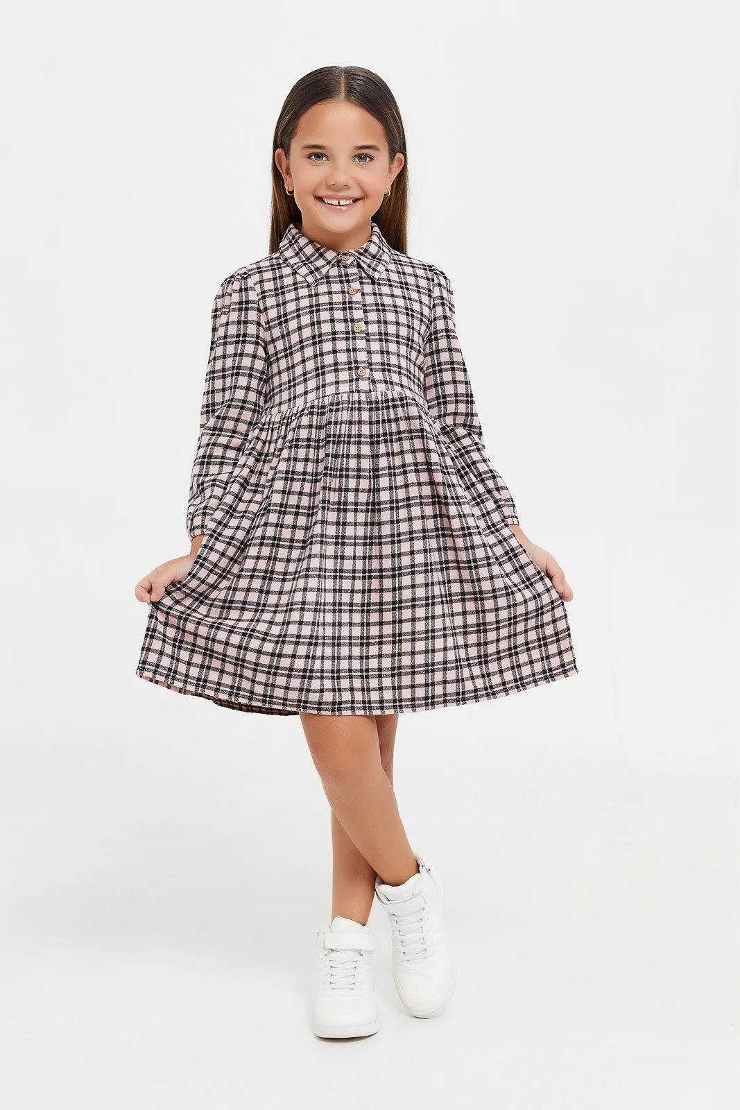Girls Pink Collared Check Dress