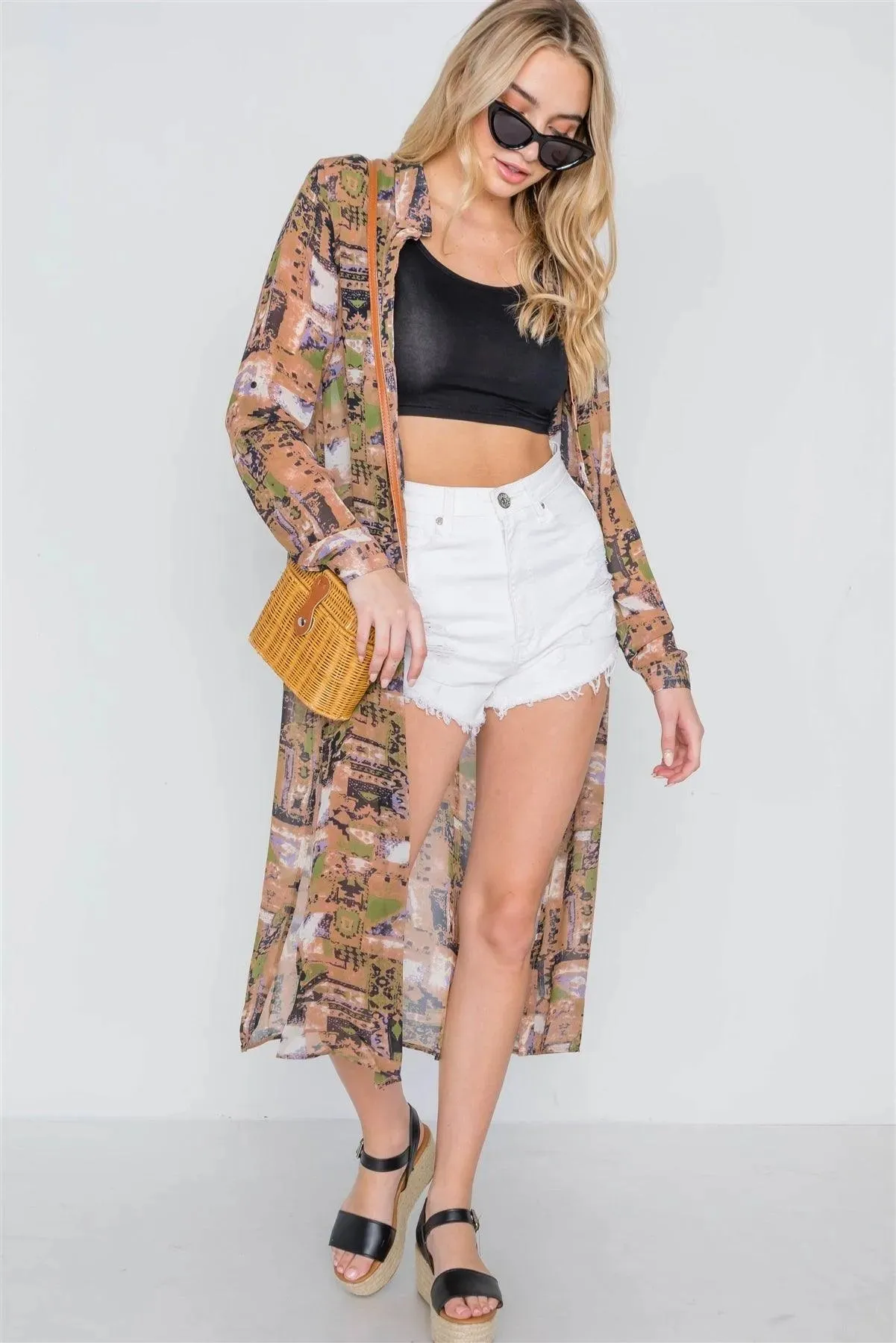 Mocha Long Sleeve Sheer Side Slits Button Down Top