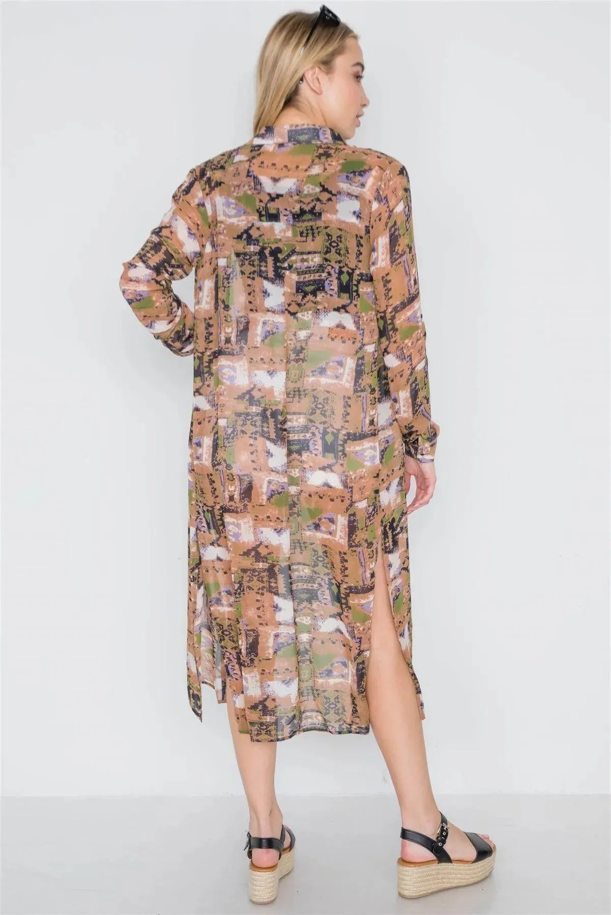 Mocha Long Sleeve Sheer Side Slits Button Down Top