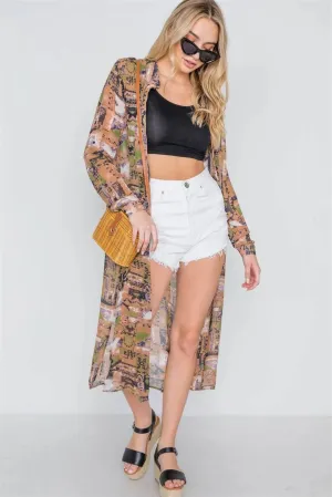 Mocha Long Sleeve Sheer Side Slits Button Down Top