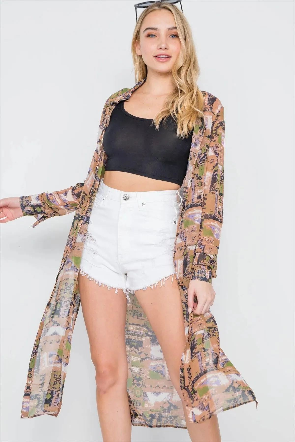 Mocha Long Sleeve Sheer Side Slits Button Down Top