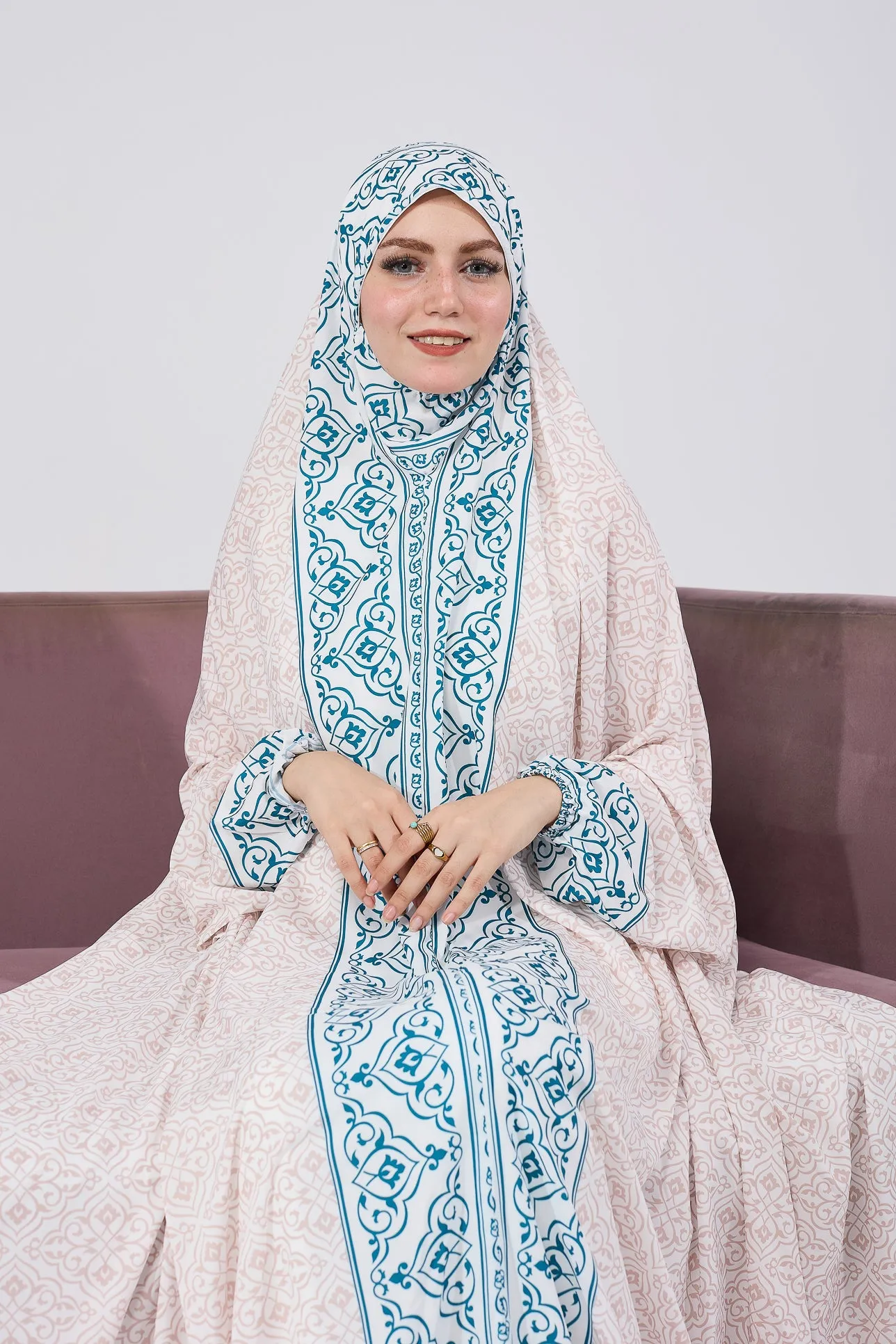 Nahlah Satin Home Prayer Gown with Blue Moroccan Print and Elastic Cuffs
