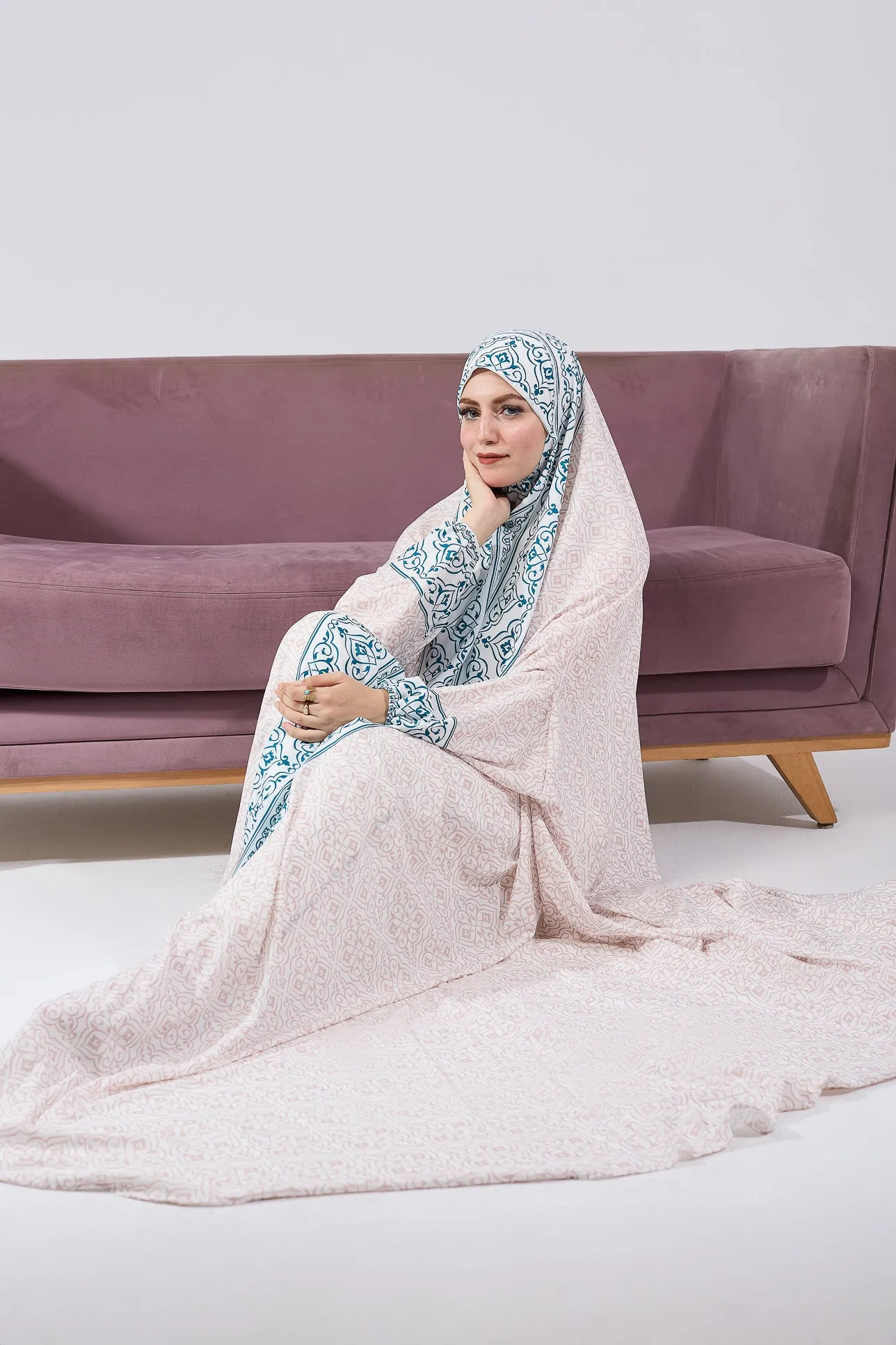 Nahlah Satin Home Prayer Gown with Blue Moroccan Print and Elastic Cuffs