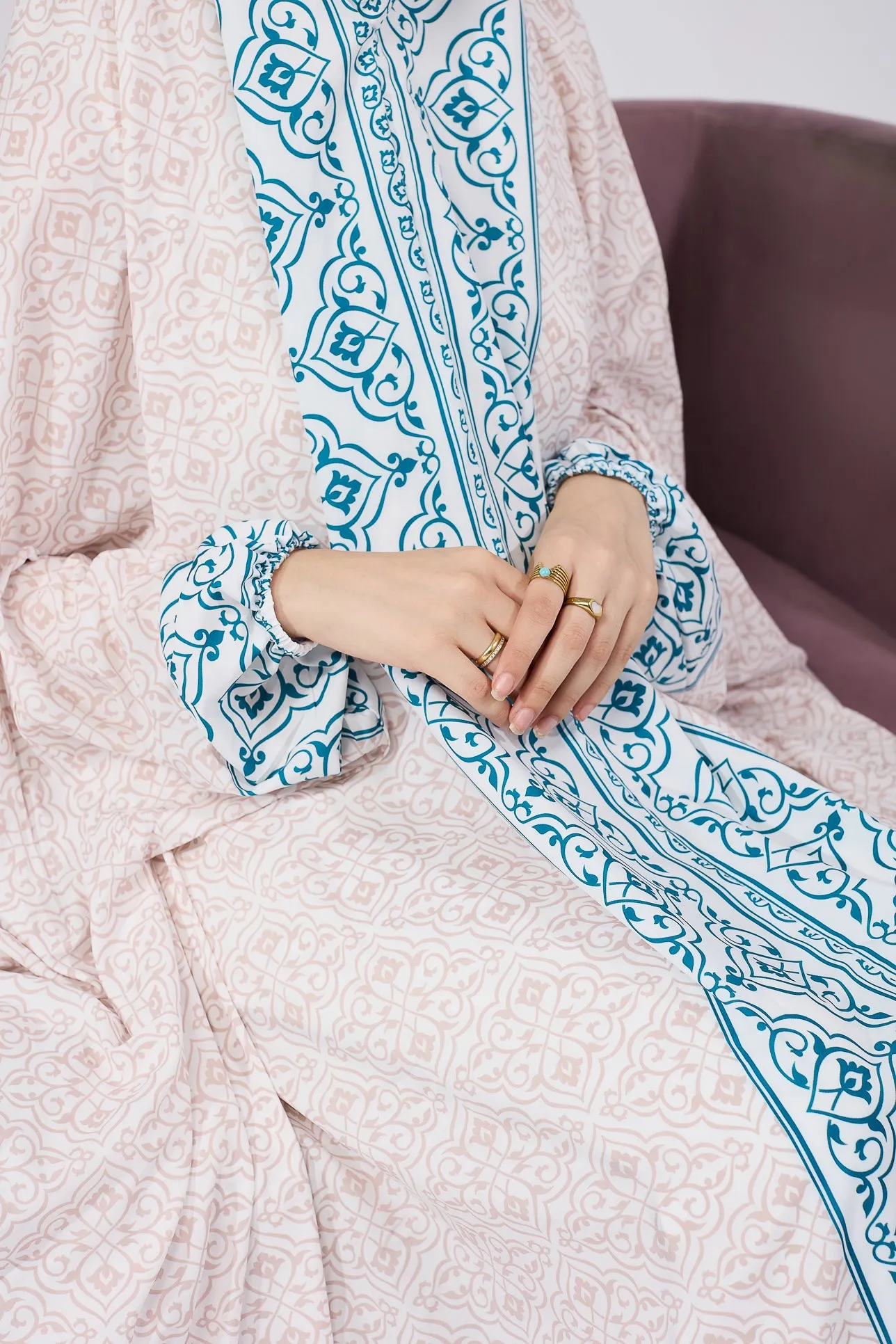 Nahlah Satin Home Prayer Gown with Blue Moroccan Print and Elastic Cuffs