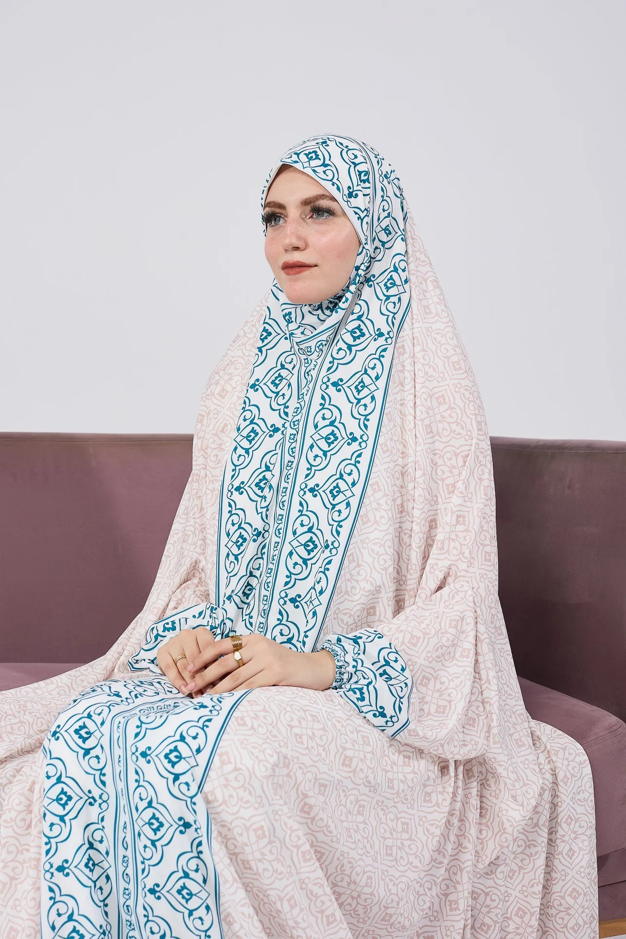 Nahlah Satin Home Prayer Gown with Blue Moroccan Print and Elastic Cuffs