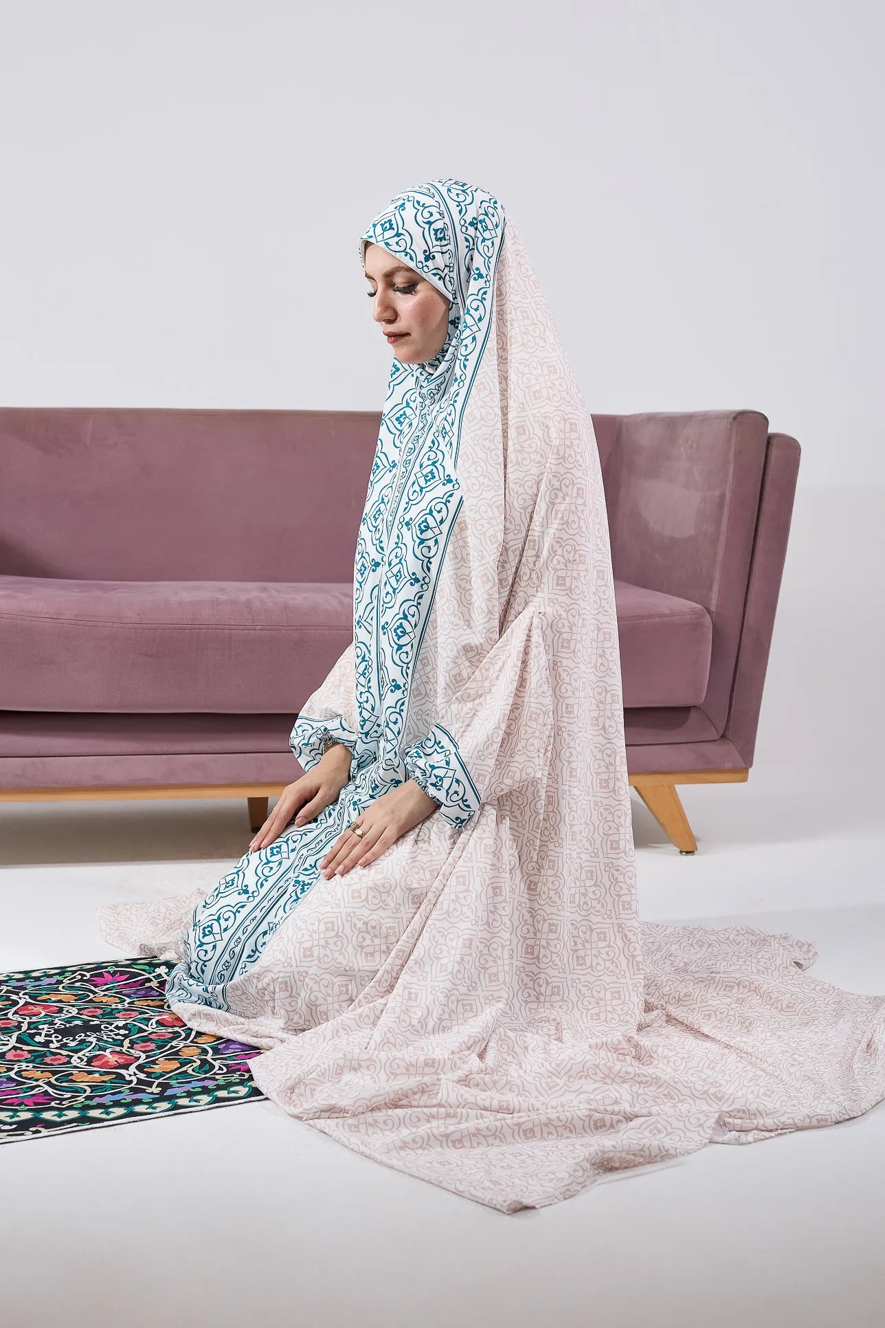 Nahlah Satin Home Prayer Gown with Blue Moroccan Print and Elastic Cuffs