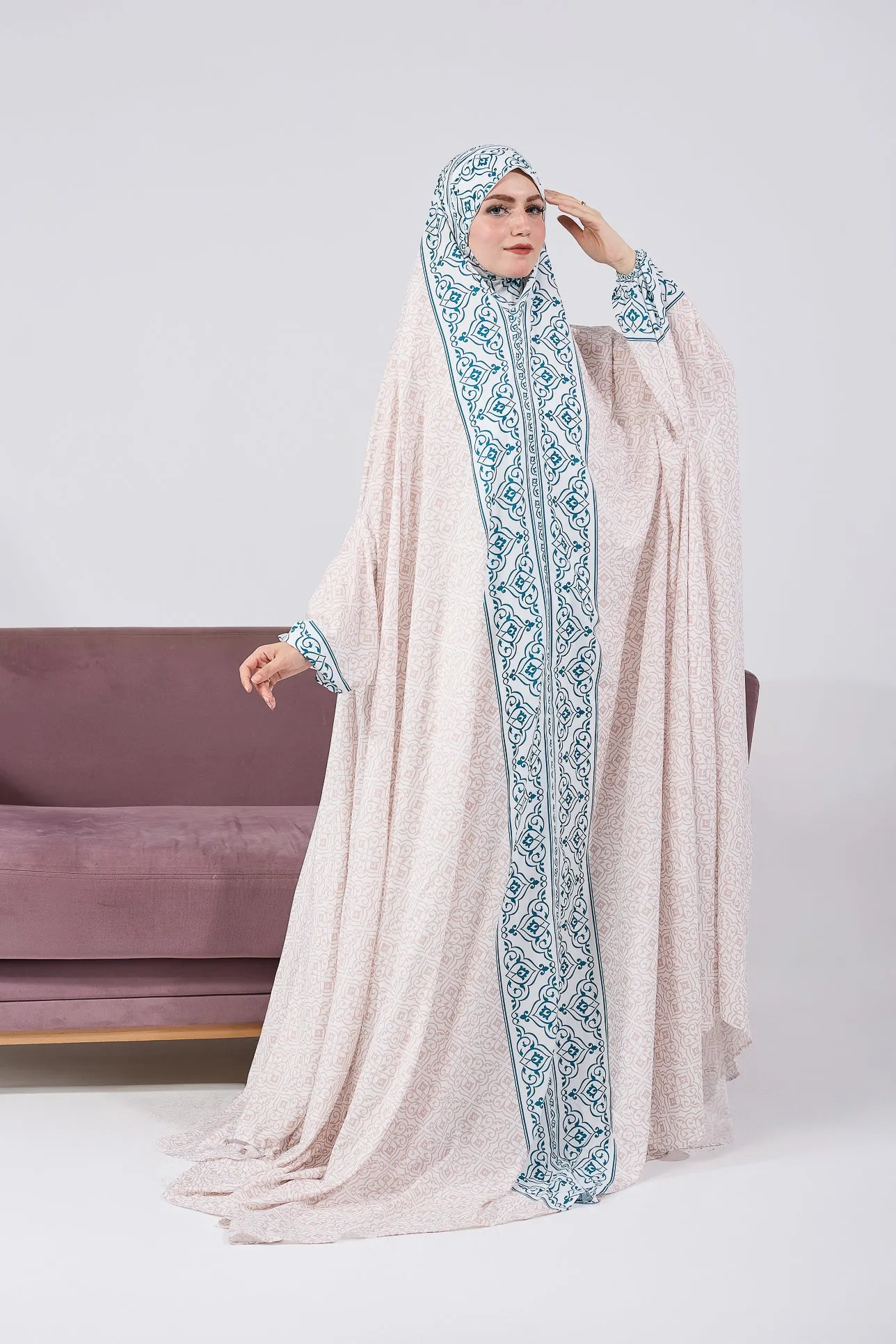 Nahlah Satin Home Prayer Gown with Blue Moroccan Print and Elastic Cuffs