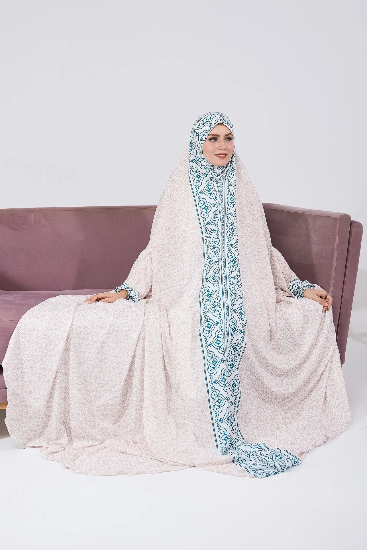 Nahlah Satin Home Prayer Gown with Blue Moroccan Print and Elastic Cuffs