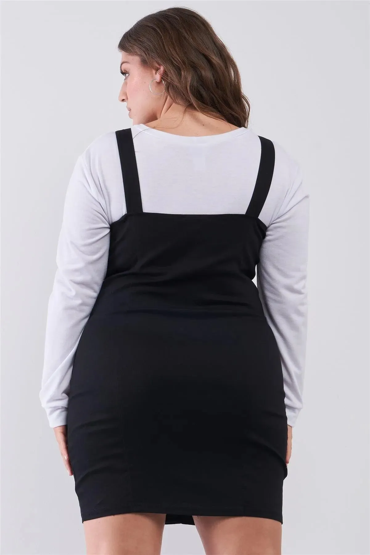 Plus Size Black Denim Front Button Down Pinafore Mini Dress