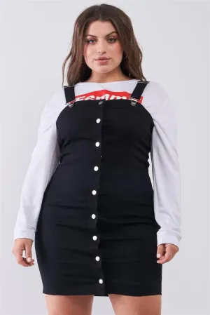 Plus Size Black Denim Front Button Down Pinafore Mini Dress