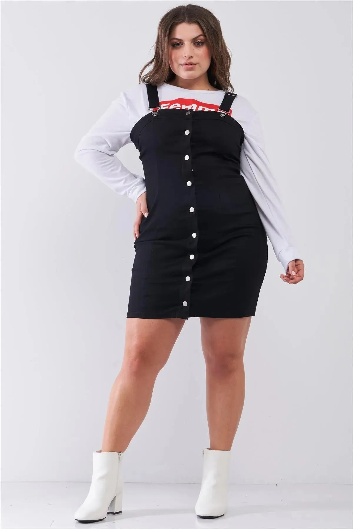 Plus Size Black Denim Front Button Down Pinafore Mini Dress