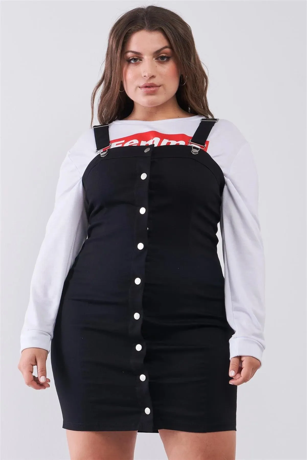 Plus Size Black Denim Front Button Down Pinafore Mini Dress