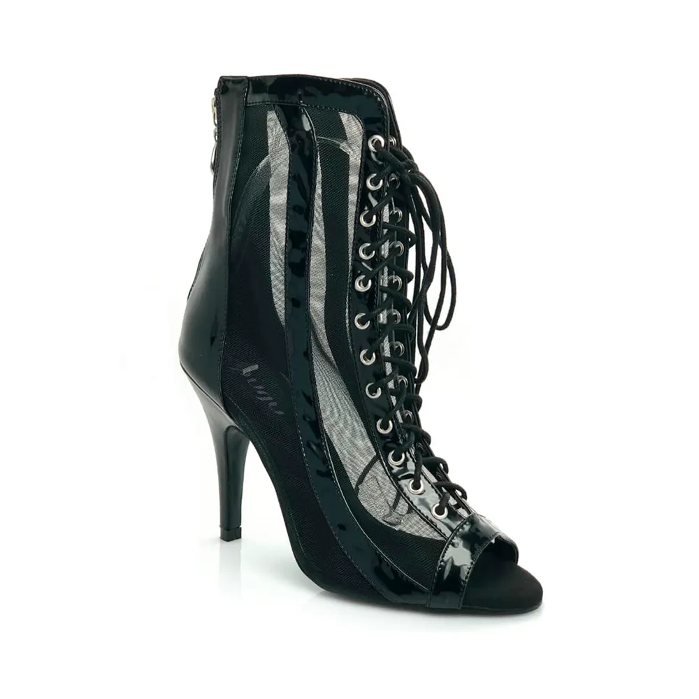 Sierra - Black Open Toe Lace Up Patent Leather and Mesh Latin Dance Booties (Street Sole)