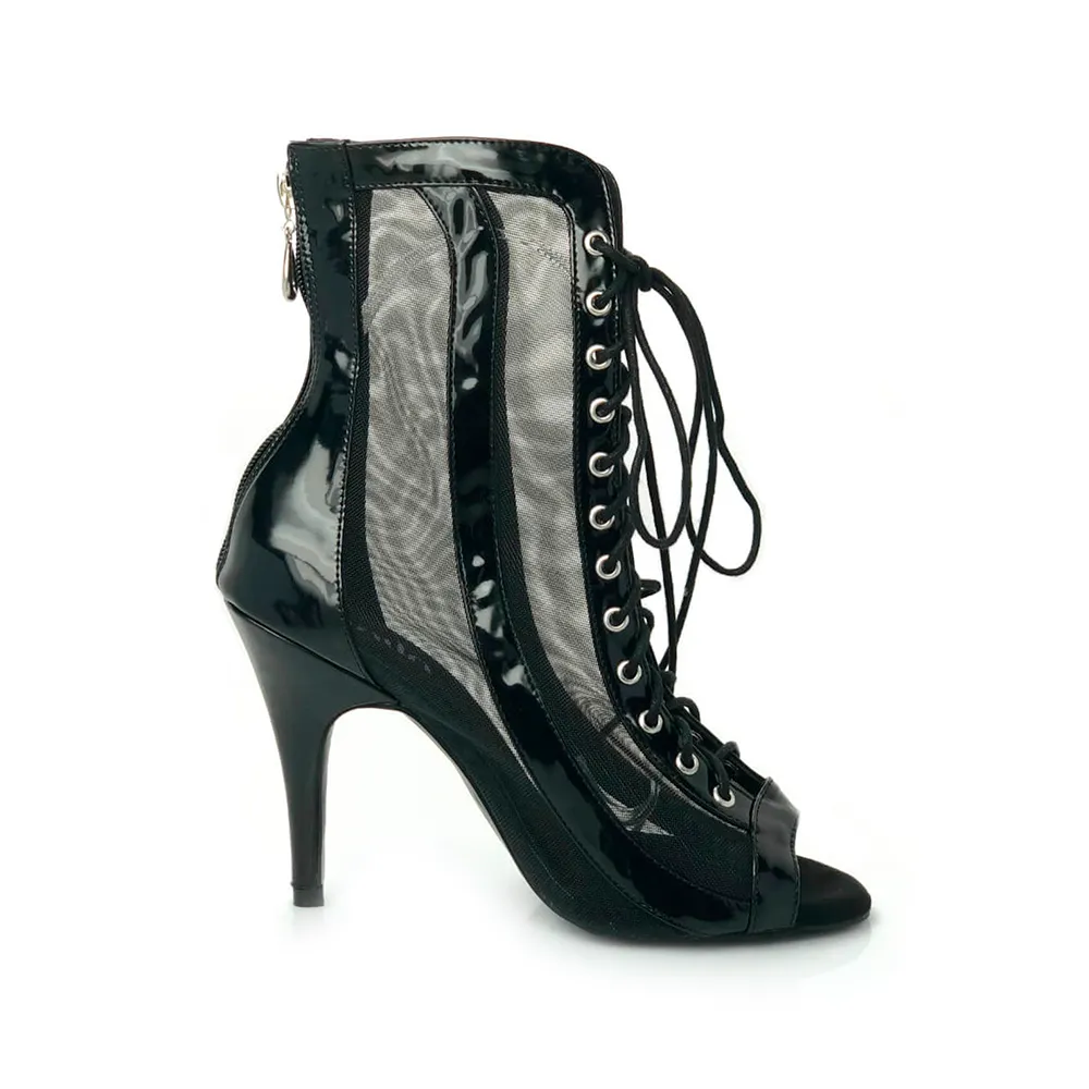 Sierra - Black Open Toe Lace Up Patent Leather and Mesh Latin Dance Booties (Street Sole)