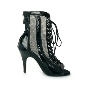 Sierra - Black Open Toe Lace Up Patent Leather and Mesh Latin Dance Booties (Street Sole)