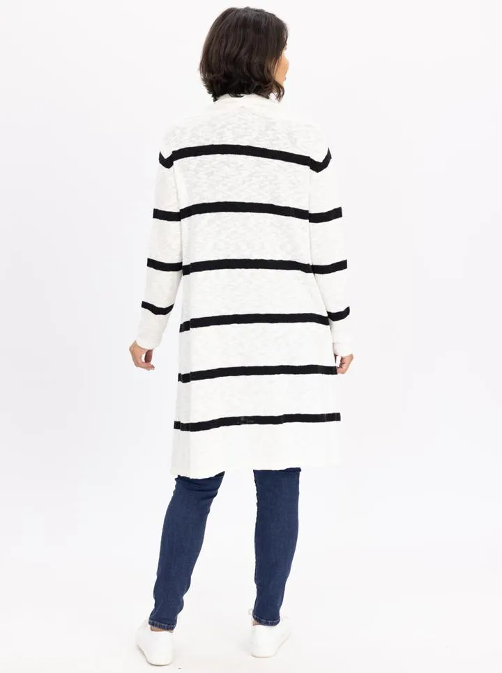 White Maternity Cotton Cardigan with Black Stripes