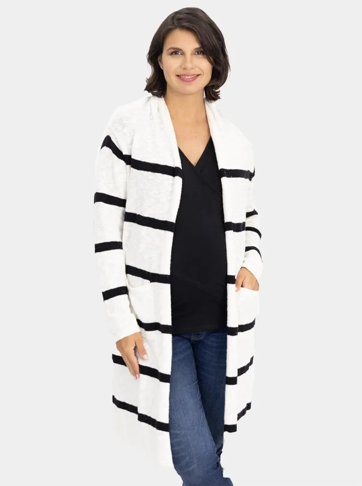 White Maternity Cotton Cardigan with Black Stripes
