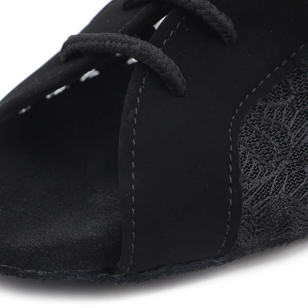 Women Ballroom Dancing Shoes Ladies Tango Latin Practice Dance Shoe Suede Sole Open-toe Lace-up Black