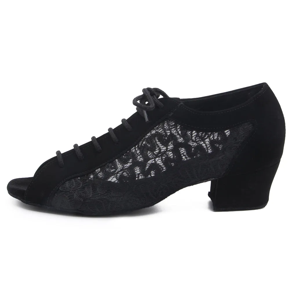 Women Ballroom Dancing Shoes Ladies Tango Latin Practice Dance Shoe Suede Sole Open-toe Lace-up Black